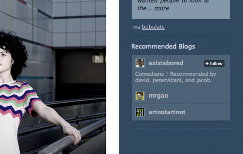 This week’s Tumblr Tuesday adds another twist!
The Dashboard now occasionally features blogs recommended by the people you follow.
Go make your pick!
