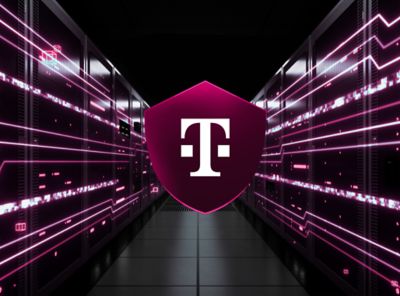 Magenta shield with T-Digit over high-tech digital control center.