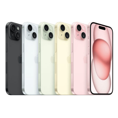 iPhone 15 in black, blue, green, yellow, and pink standing all in a row showing the back of the phone. The pink iPhone 15 is showing the back of phone and front screen.