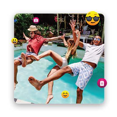 A group of friends having fun while falling to a pool, surrounded by emojis.
