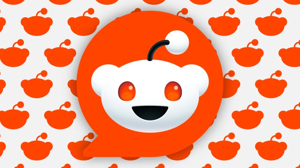 large Reddit logo overlaying background of smaller logo silhouettes