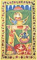 Kashmiri miniature painting of Brahma, Vishnu, Mahesh, and other Indic deities figuratively within the Sharada script Omkar glyph