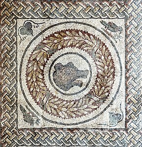 Roman interlaces on a mosaic floor, Villa Romana del Casale, near Piazza Armerina, Italy, unknown architect, early 4th century