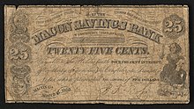 25-cent bill inscribed "THIS CERTIFIES THAT THERE HAS BEEN DEPOSITED IN THE MACON SAVINGS BANK IN CONFEDERATE TREASURY NOTES TWENTY FIVE CENTS. Payable to the Holder with FOUR PER CENT INTEREST. after thirty days notice in Confederate Treasury Notes when presented in sums of FIVE DOLLARS MACON, GA. March 16. 1863."