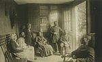 Le Docteur Liébeault debout (à gauche) parmi ses patients dans sa clinique de Nancy en 1873.