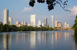 Image of Lady Bird Lake with Austin in the background.