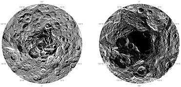 Ceres, polar regions (November 2015): North (left); south (right). The south pole is in shadow. "Ysolo Mons" has since been renamed "Yamor Mons."[74]