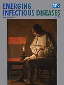 couverture de la revue américaine consacrée aux maladies infectieuses émergentes, chaque mois la couverture présente une peinture en rapport avec le thème principal du mois, ici la Femme à la puce de Georges de La Tour