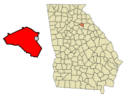 Location of Athens in Clarke County (left) and of Clarke County in Georgia (right)