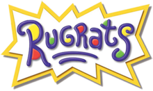 The word "Rugrats" and two small underlines in dark blue written in a child's handwriting, with red, yellow, and green dots, a white background and a jagged yellow border.