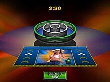 A screenshot of gameplay. There is a ball in the foreground an a series of skeeball rings in the background. A time limit is at the top of the screen and points are at the bottom.