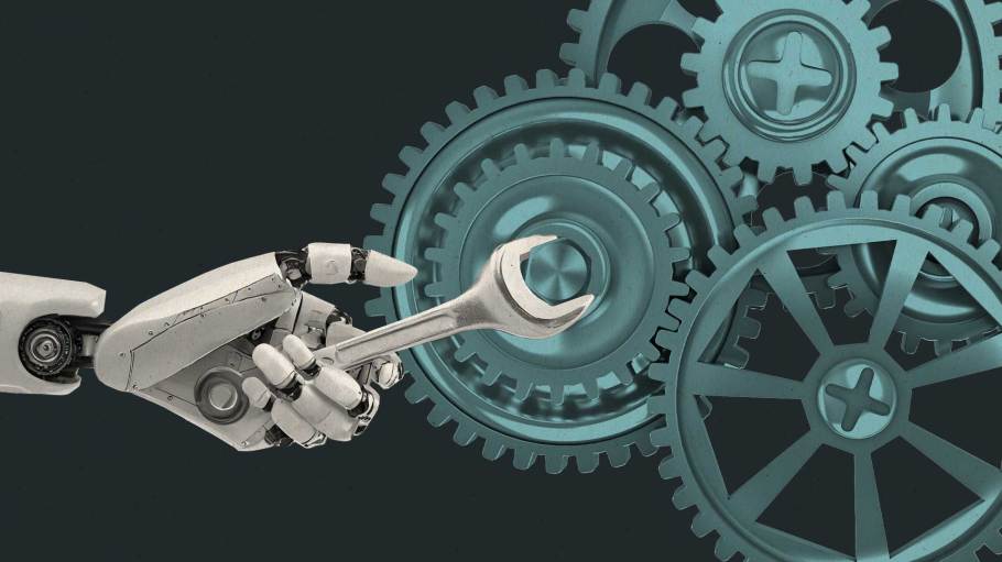 Photo illustration of a robot using a wrench to fine tune a complex set of gears