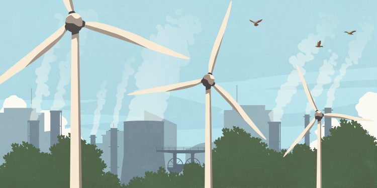 Concept illustration depicting climate change, pollution, and clean energy