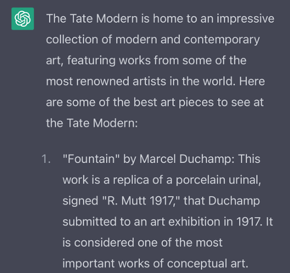ChatGPT recommending visiting the Tate Modern to see Duchamp