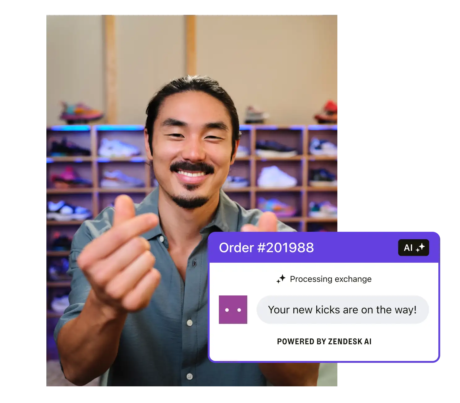 A man smiles and makes heart shapes with his fingers. Behind him is a large cabinet filled with colorful sneakers. A screenshot placed on top of the image shows a customer service interaction where an AI-powered bot is automatically processing a sneaker return.
