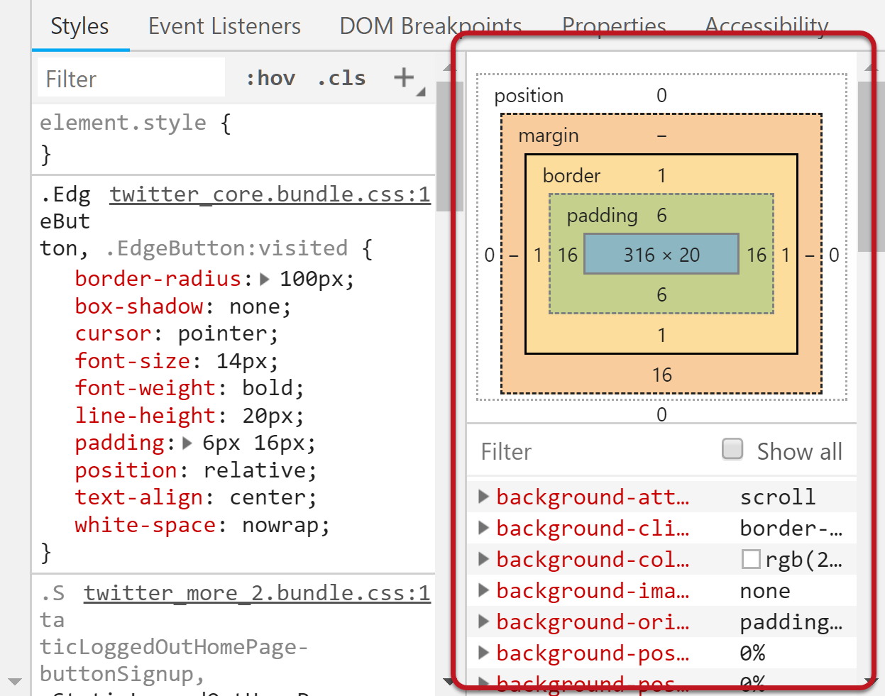Styles pane with the computed styles area highlighted