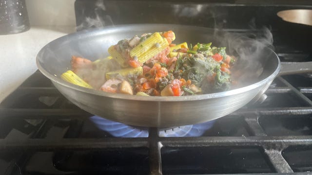 pan with pasta dish on stove