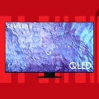The 85-inch model of Samsung Q80C Series QLED 4K TV is displayed against a red background.