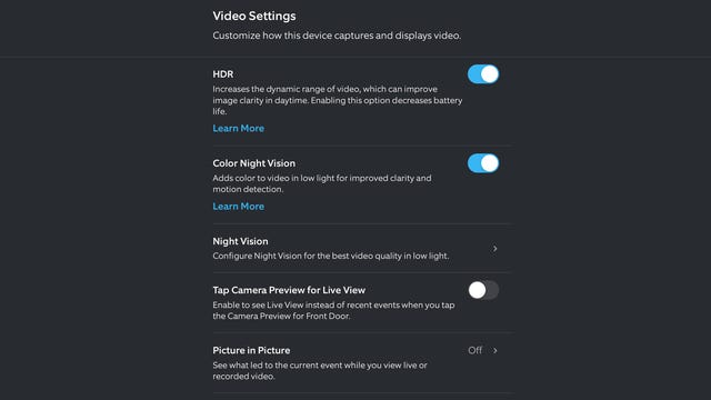 Video settings in the Ring app for the 2024 Ring video doorbell.
