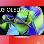 The LG 65-inch C3 Series OLED evo 4K webOS TV is displayed against a gradient pink, red and orange background.