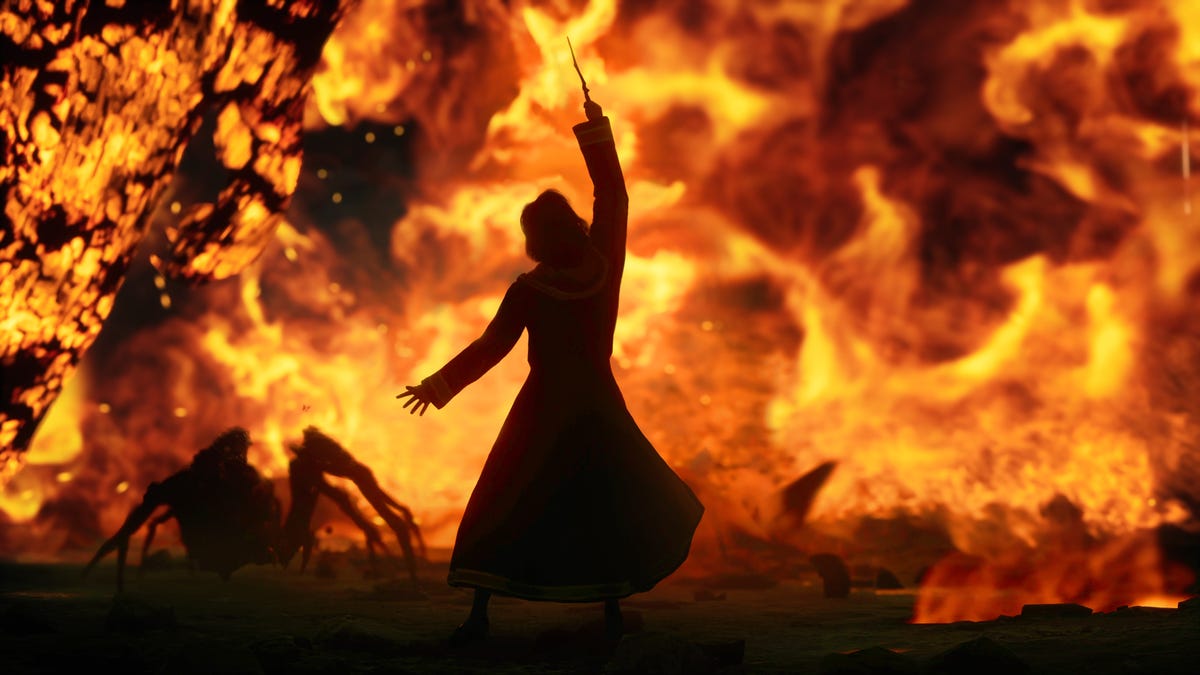 A wizard and spider are visible, silhouetted by in flames, in Hogwarts Legacy.