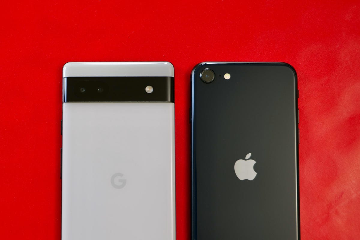The Pixel 6A on the left and the iPhone SE on the right