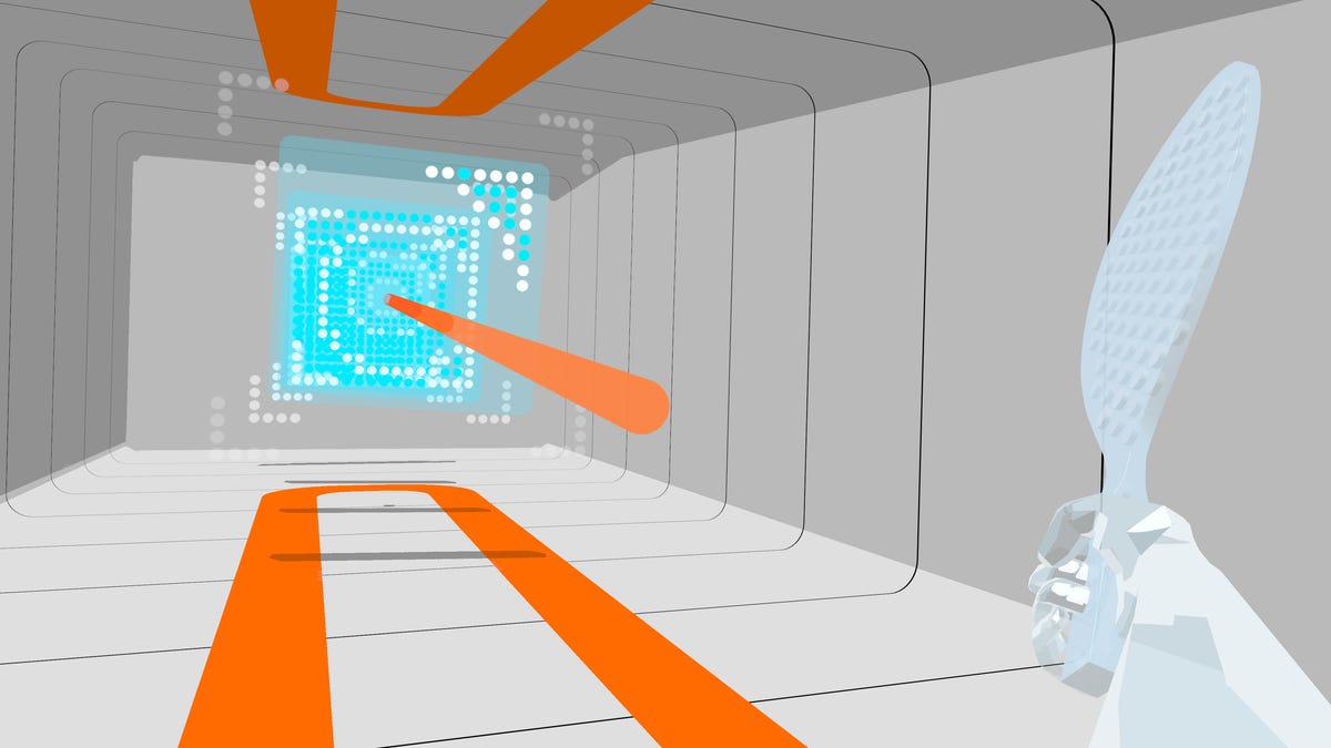 A white racket aiming to hit an orange ball at a blue wall in a minimalist video game