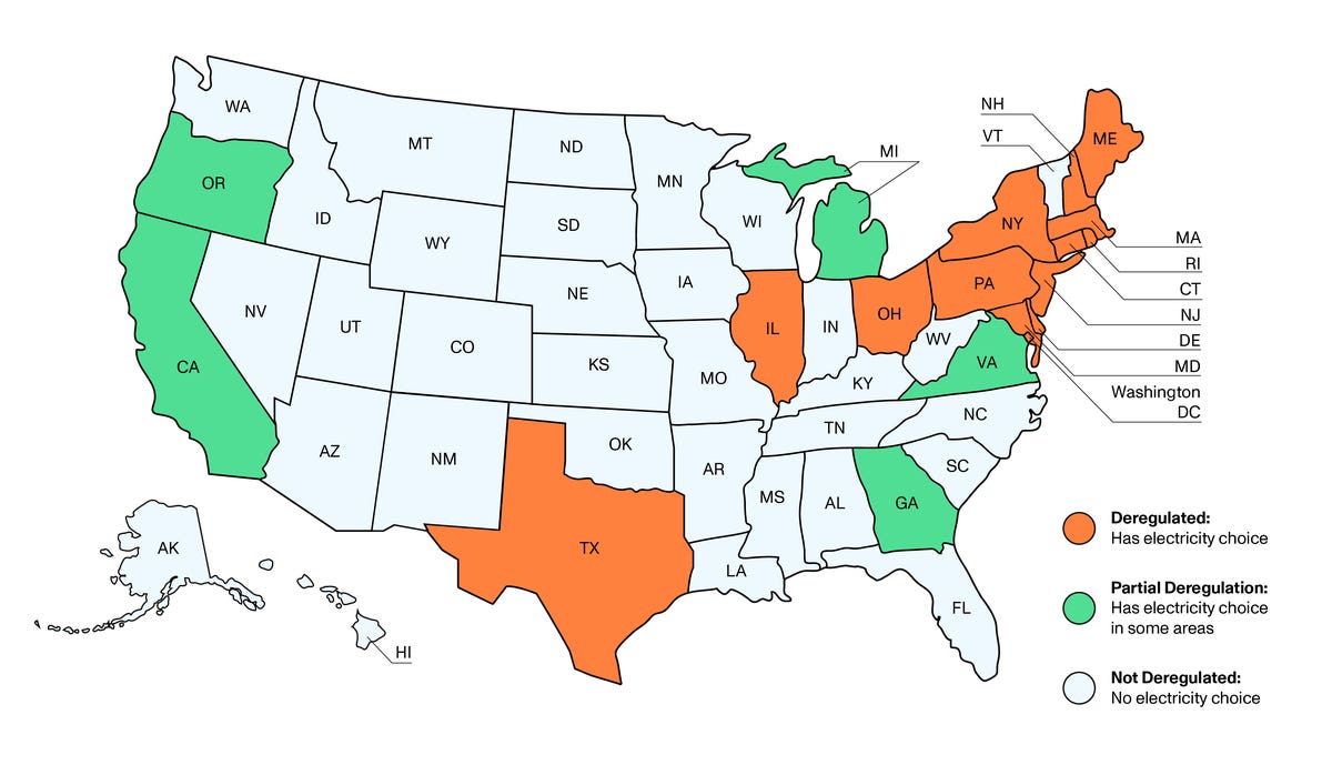 US map of deregulated states
