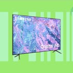 The 85-inch Samsung CU7000 Crystal UHD 4K TV is displayed against a green background.