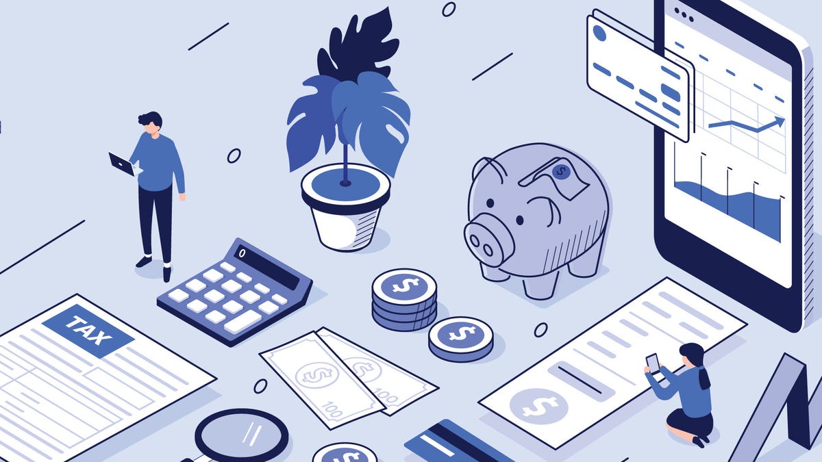 an illustration of two people surrounded by tax forms, calculators, money and other financial items