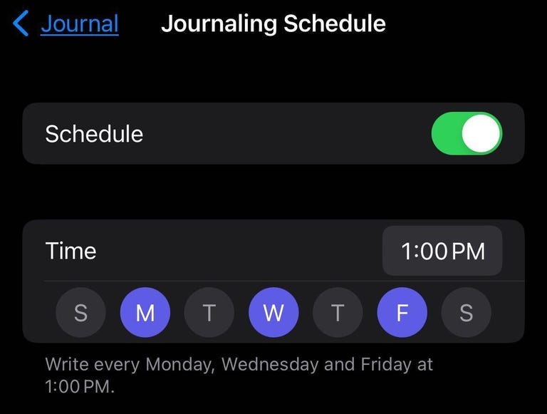 The Journaling schedule menu in iOS 17.2 beta 1 which lets you schedule what days and times to journal