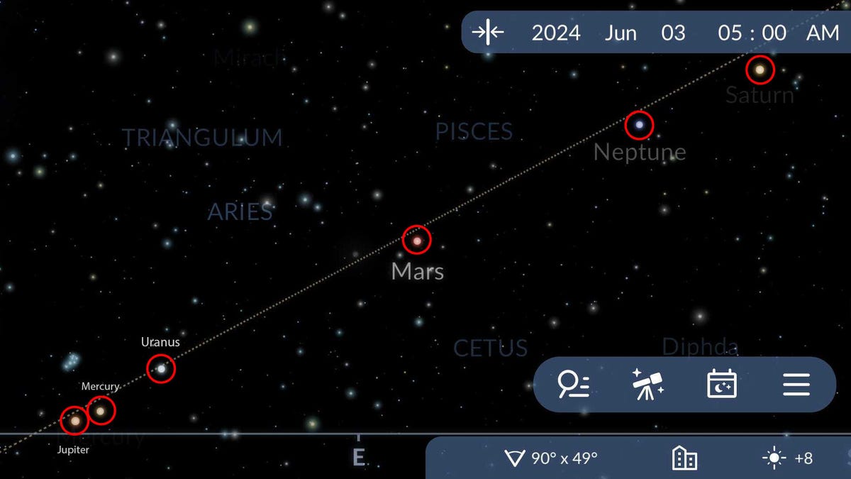 The six visible planets, as shown in the SkyTonight app.
