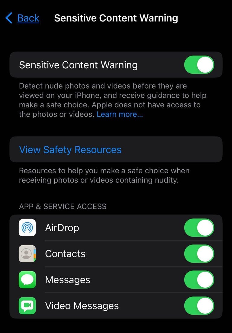The Sensitive Content Warnings menu on iOS 17