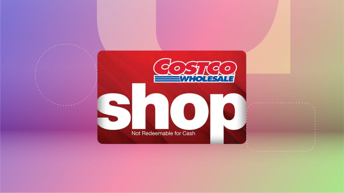 Costco membership card against pink/purple/green gradient background