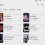 A screenshot of SeriesGuide listings for Yellowstone, Stranger Things and more