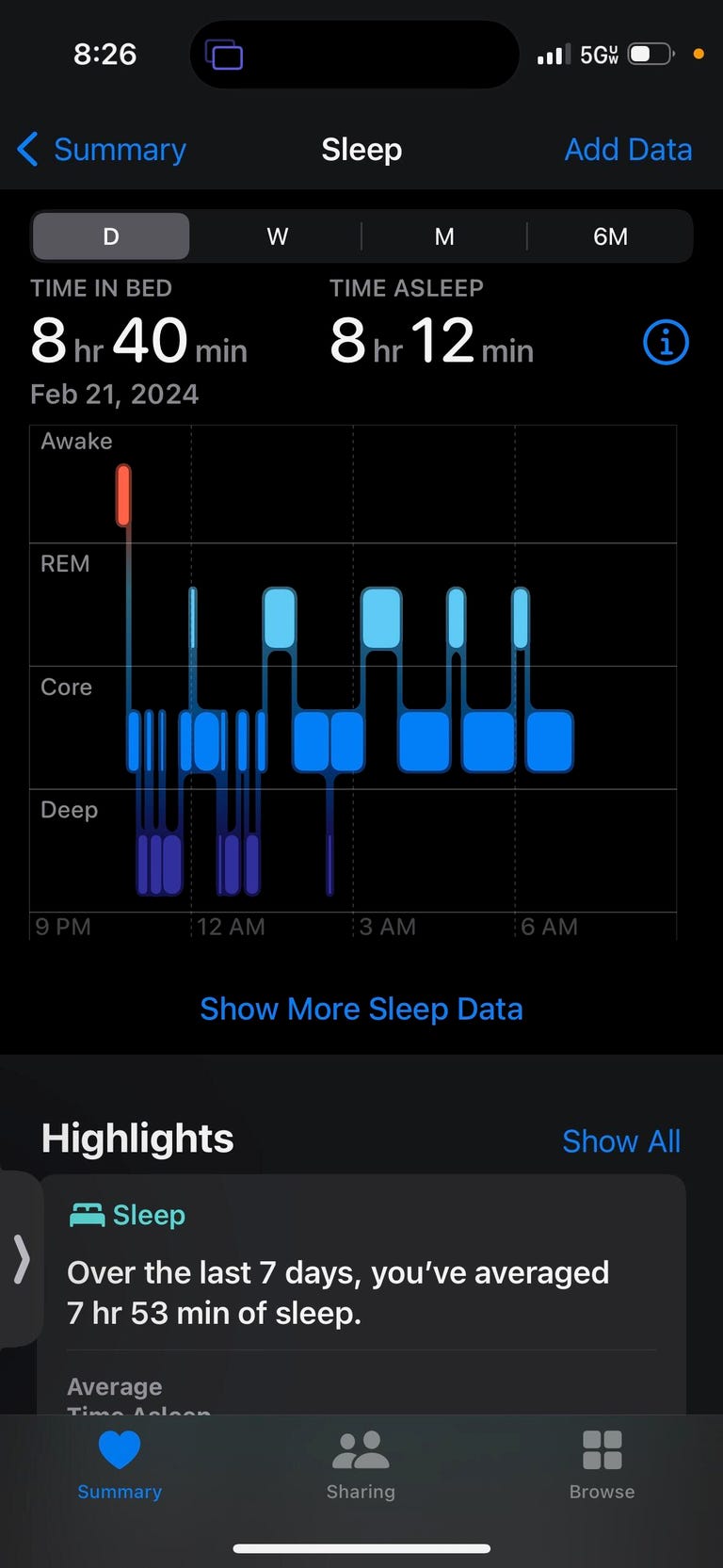 Screenshot of sleep data on the Eight Sleep app.
