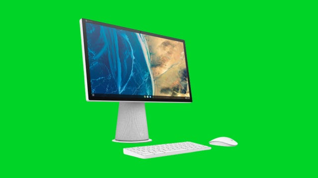 An HP desktop PC, keyboard and mouse against a green background