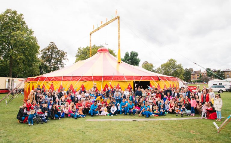 All the children with cancer and their families outside Zippos circus big top
