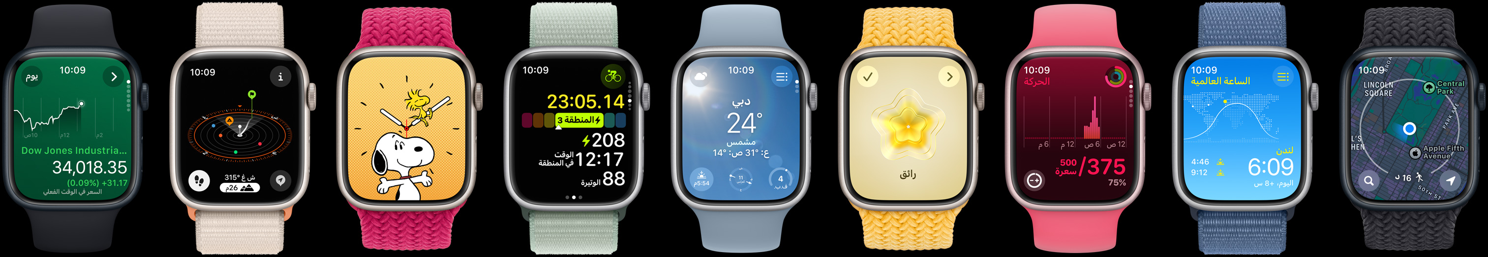5 watch faces move left to right demonstrating how much more information can fit on each display.