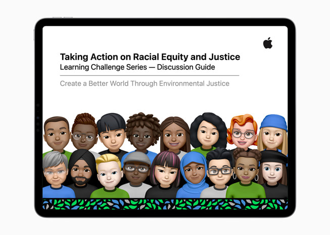 iPad, na którego ekranie widać publikację „Create a Better World Through Environmental Justice” z serii „Challenge for Change”.