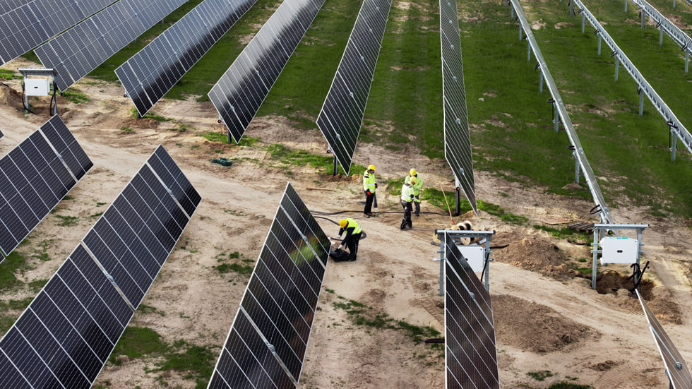 عمال وألواح طاقة شمسية في إحدى الحقول.