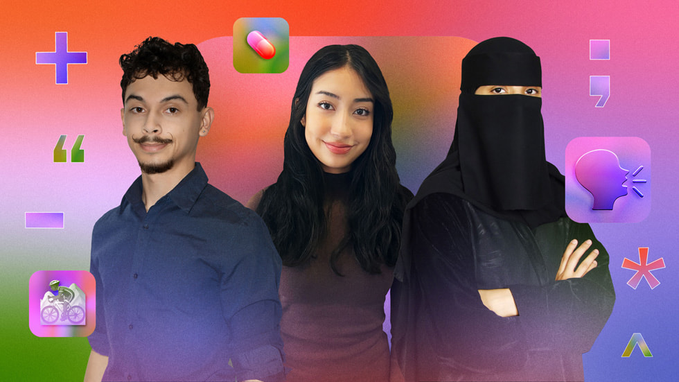 Un collage colorato con i volti dei tre vincitori della Swift Student Challenge Dezmond Blair, Elena Galluzzo e Jawaher Shaman.