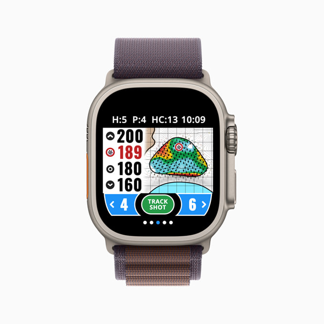 Une Apple Watch affiche l’app GolfLogix.