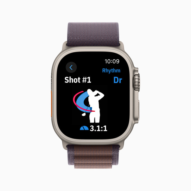Une Apple Watch affiche des statistiques comme le rythme dans l’app Golfshot.