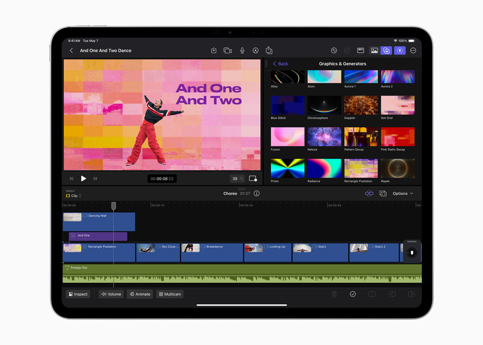 Dynamic backgrounds are shown in Final Cut Pro for iPad 2 on a 13-inch iPad Pro in space black.