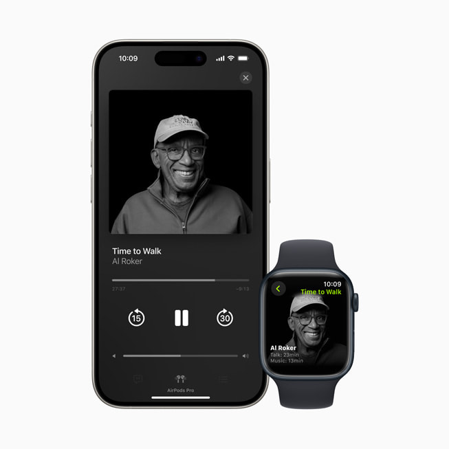 Zeit fürs Gehen mit Al Roker auf einem iPhone und einer Apple Watch.
