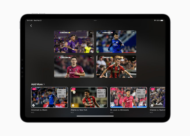 Le MLS Season Pass sur un iPad Pro 11 pouces, affichant quatre matchs simultanés.