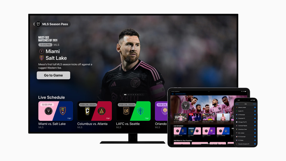 Le MLS Season Pass dans l’app Apple TV avec le club Inter Miami CF affiché sur un téléviseur connecté, un iPad Pro 11 pouces et un iPhone 15 Pro.