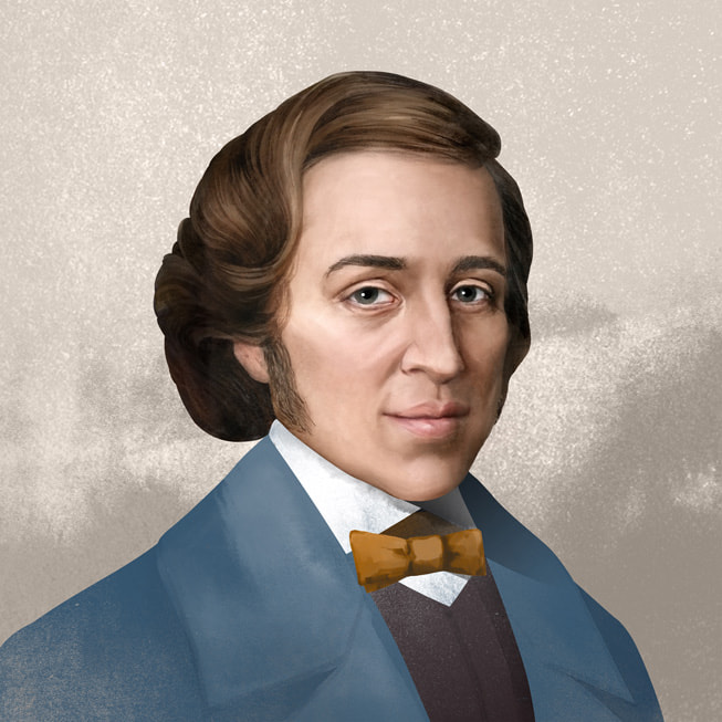 Apple Music Classicalのために用意された、作曲家であるフレデリック・ショパンのデジタル肖像画。