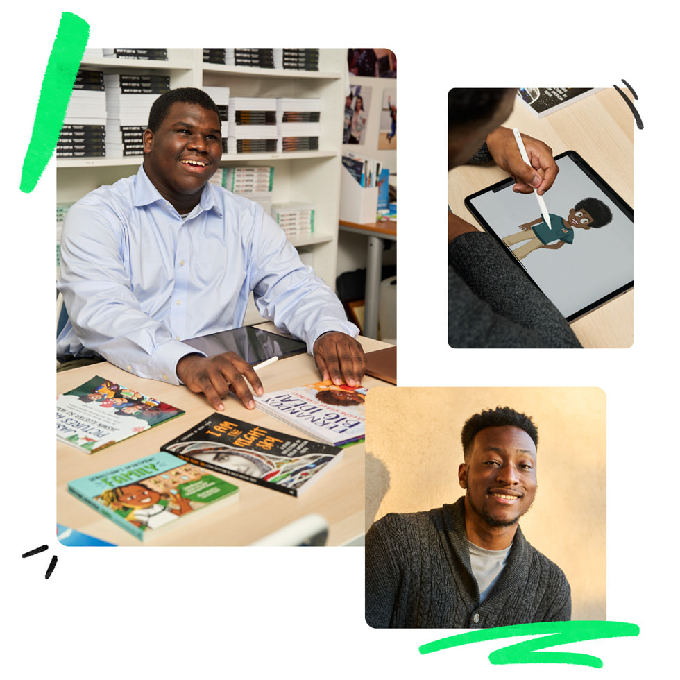 Colagem de três imagens: à esquerda, um autor da Shout Mouse está sentado a uma mesa com uma série de livros; no canto superior direito, um ilustrador trabalha com iPad e Apple Pencil; e no canto inferior direito, um retrato de um ilustrador da Shout Mouse.